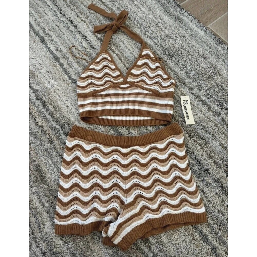 No Boundaries Brown/White Striped Knit Halter Top & Shorts Set Tie XS